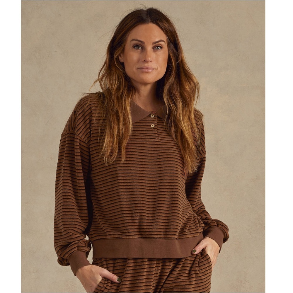Rylee + Cru Chocolate Brown Ribbed Polo Sweatshirt